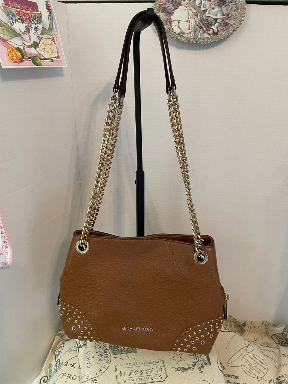 Michael Kors Tan Pebbled Leather Shoulder Bag with Gold Chain Straps